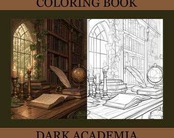 May include: A coloring book cover with the text "COLORING BOOK" at the top and "DARK ACADEMIA" at the bottom. The image shows a detailed illustration of a library scene with books, candles, and a globe. The left side is colored, and the right side is a black and white outline.