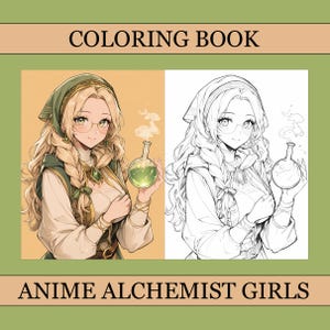 Puede incluir: Portada de libro para colorear con una ilustración de estilo anime de una mujer sosteniendo un frasco con líquido verde. La imagen está dividida, con una versión en color a la izquierda y una versión en blanco y negro a la derecha. El texto dice "COLORING BOOK" y "ANIME ALCHEMIST GIRLS".