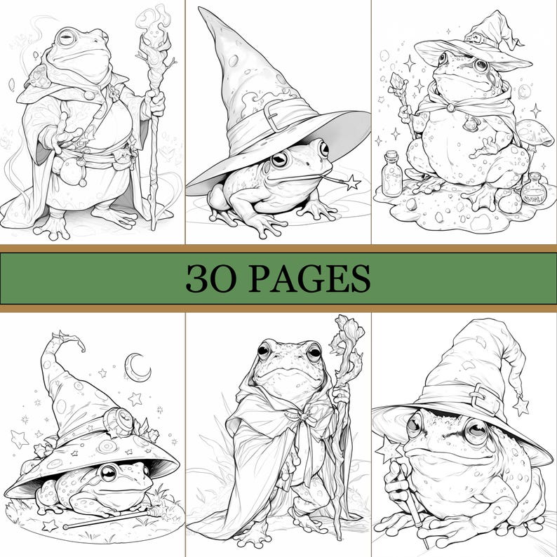 May include: Black and white illustrations of whimsical frogs dressed as wizards, each with a unique hat and staff. The image includes the text "30 PAGES" on a green banner, suggesting a coloring book or activity book.