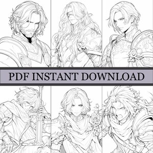 May include: Black and white line art of six anime-style characters in armor and fantasy attire. The image includes the text "PDF INSTANT DOWNLOAD" in a banner across the center. Each character has unique facial features and hairstyles.