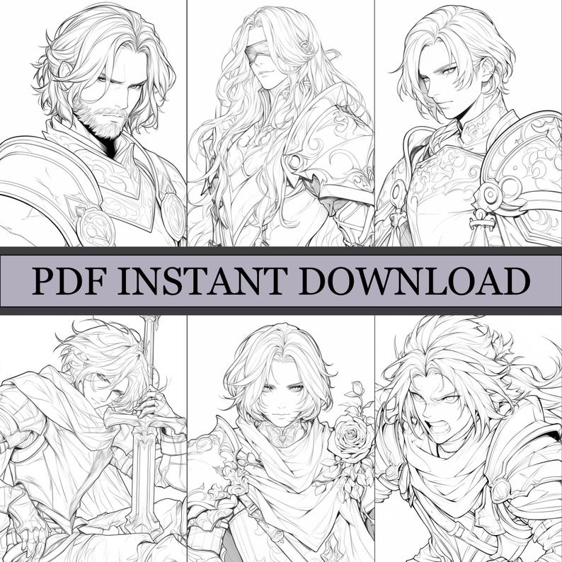 May include: Black and white line art of six anime-style characters in armor and fantasy attire. The image includes the text "PDF INSTANT DOWNLOAD" in a banner across the center. Each character has unique facial features and hairstyles.