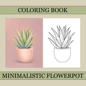 May include: A colouring book with a minimalist flowerpot design. The left side shows a coloured illustration of a succulent plant in a peach-coloured pot against a pink background. The right side displays the same plant as a black and white line drawing.