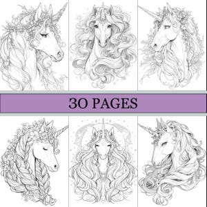 May include: Black and white line art illustrations of unicorns with flowing manes and floral accents. The image includes the text "30 PAGES" on a purple banner, suggesting a coloring book or art print.