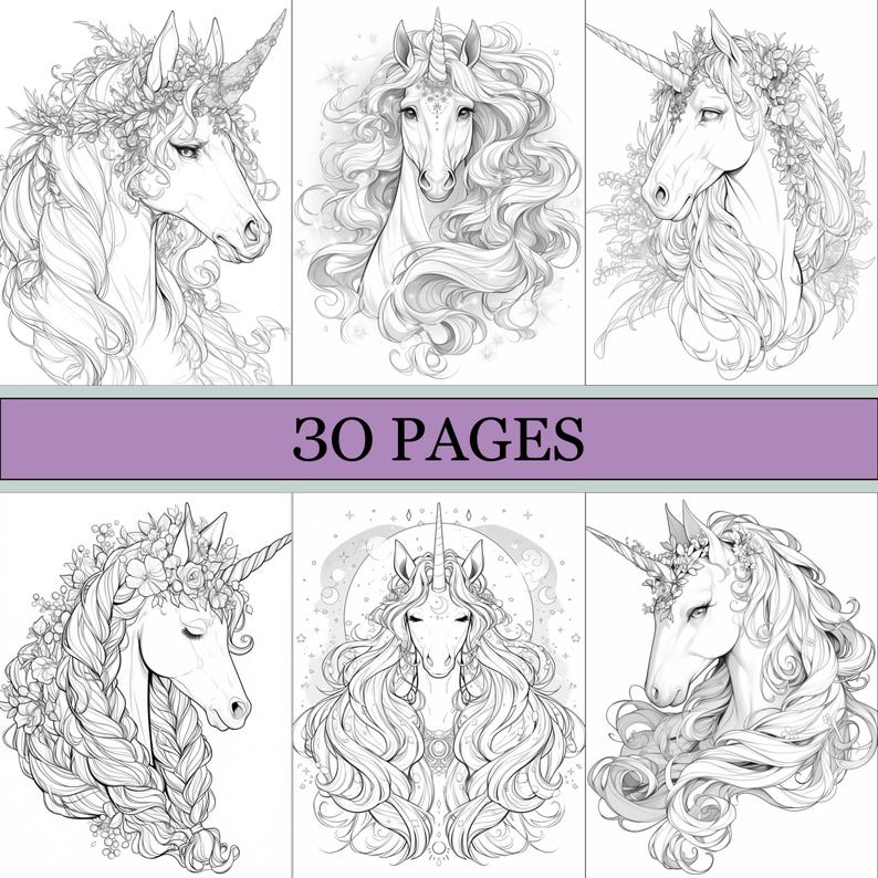 May include: Black and white line art illustrations of unicorns with flowing manes and floral accents. The image includes the text "30 PAGES" on a purple banner, suggesting a coloring book or art print.