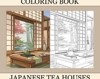 Japanese Tea Houses Coloring Book, Cute Coloring Pages, Anime Cozy Book For Adults and Kids, Digital Download, PDF File