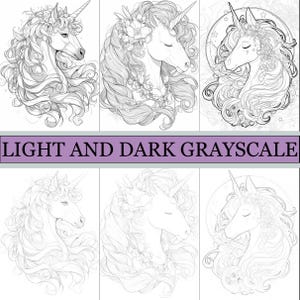 May include: A collection of six grayscale illustrations of unicorns. Each unicorn has a flowing mane and a single horn. The text "LIGHT AND DARK GRAYSCALE" is displayed in a purple rectangle below the images. The illustrations are suitable for coloring.