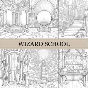 May include: A black and white line drawing illustration of a wizard school with four different rooms. The rooms include a library, a classroom with a crystal ball, a broom closet, and a potion making room.