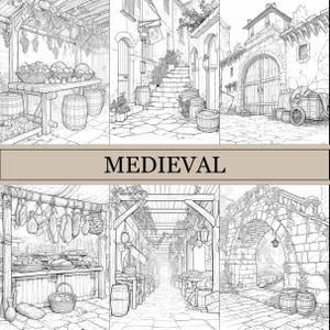 Puede incluir: Ilustraciones en blanco y negro de escenas medievales, incluyendo puestos de mercado, calles empedradas y arcos. La palabra "MEDIEVAL" está impresa en una pancarta beige en el centro de la imagen. Se ven barriles y cestas.