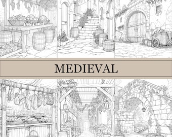 Libro para colorear medieval, páginas para colorear de anime, libro mágico y acogedor para adultos y niños, descarga digital, archivo PDF, imprimible macabro