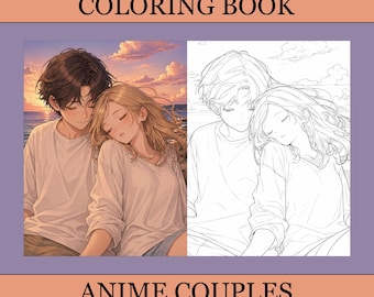 Malbuch für Anime-Paare, niedliche Ausmalbilder, gemütliches Anime-Malbuch für Erwachsene und Kinder, digitaler Download, PDF-Datei