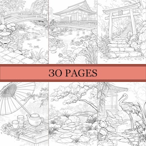 May include: Black and white line art illustrations of Japanese gardens, pagodas, bridges, and tea sets. The image includes the text "30 PAGES" in a red banner. The illustrations are detailed and suitable for coloring.