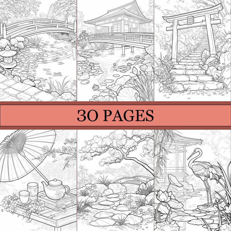 May include: Black and white line art illustrations of Japanese gardens, pagodas, bridges, and tea sets. The image includes the text "30 PAGES" in a red banner. The illustrations are detailed and suitable for coloring.