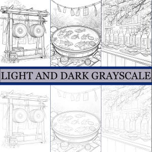 K&ouml;nnte beinhalten: Graustufen-Illustration mit japanischen Elementen. Das Bild zeigt einen traditionellen Gongst&auml;nder, einen Koi-Teich und Sake-Flaschen. Der Text "LIGHT AND DARK GRAYSCALE" ist im Bild zu sehen.