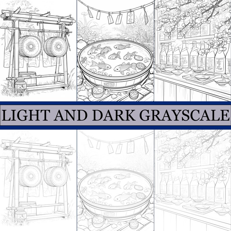 K&ouml;nnte beinhalten: Graustufen-Illustration mit japanischen Elementen. Das Bild zeigt einen traditionellen Gongst&auml;nder, einen Koi-Teich und Sake-Flaschen. Der Text "LIGHT AND DARK GRAYSCALE" ist im Bild zu sehen.