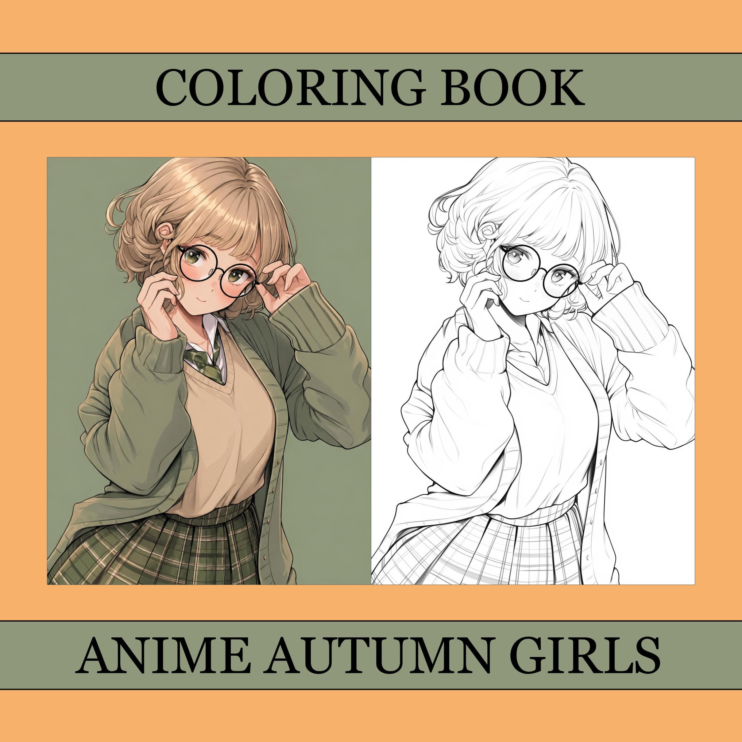 Anime Autumn Girls Coloring Book, Cute Coloring Pages, Anime Cozy