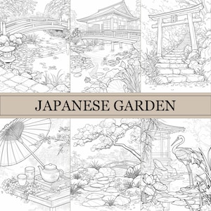 以下が含まれることがあります： 日本の庭園を描いた白黒の線画。塔、橋、池、鳥居が描かれている。絵は4つのセクションに分かれており、それぞれ庭園の異なる部分を表現している。画像の上部には「JAPANESE GARDEN」という文字が書かれている。
