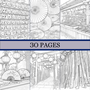 K&ouml;nnte beinhalten: Ein Schwarz-Wei&szlig;-Malbuch mit japanisch thematisierten Illustrationen. Das Cover zeigt Szenen mit Masken, Sonnenschirmen und Marktst&auml;nden. Der Text "30 PAGES" wird auf einem Banner angezeigt.