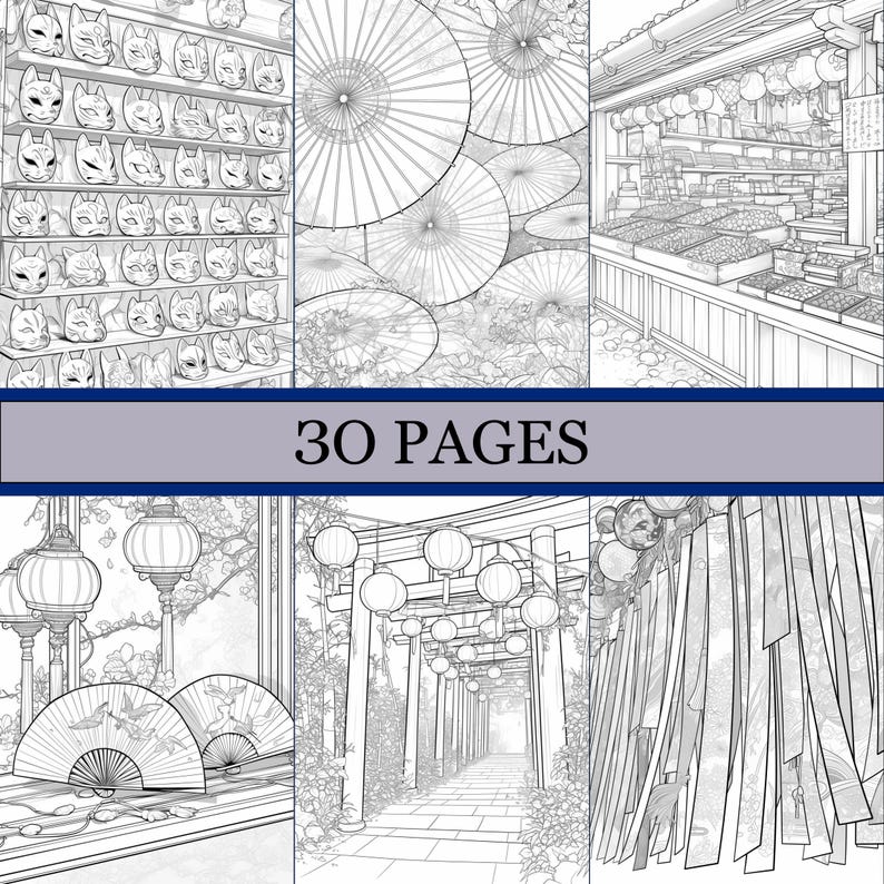 K&ouml;nnte beinhalten: Ein Schwarz-Wei&szlig;-Malbuch mit japanisch thematisierten Illustrationen. Das Cover zeigt Szenen mit Masken, Sonnenschirmen und Marktst&auml;nden. Der Text "30 PAGES" wird auf einem Banner angezeigt.