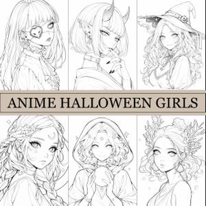 アニメハロウィン女の子ぬりえ、かわいいぬりえページ、大人と子供向けアニメコージーブック、デジタルダウンロード、PDFファイル
