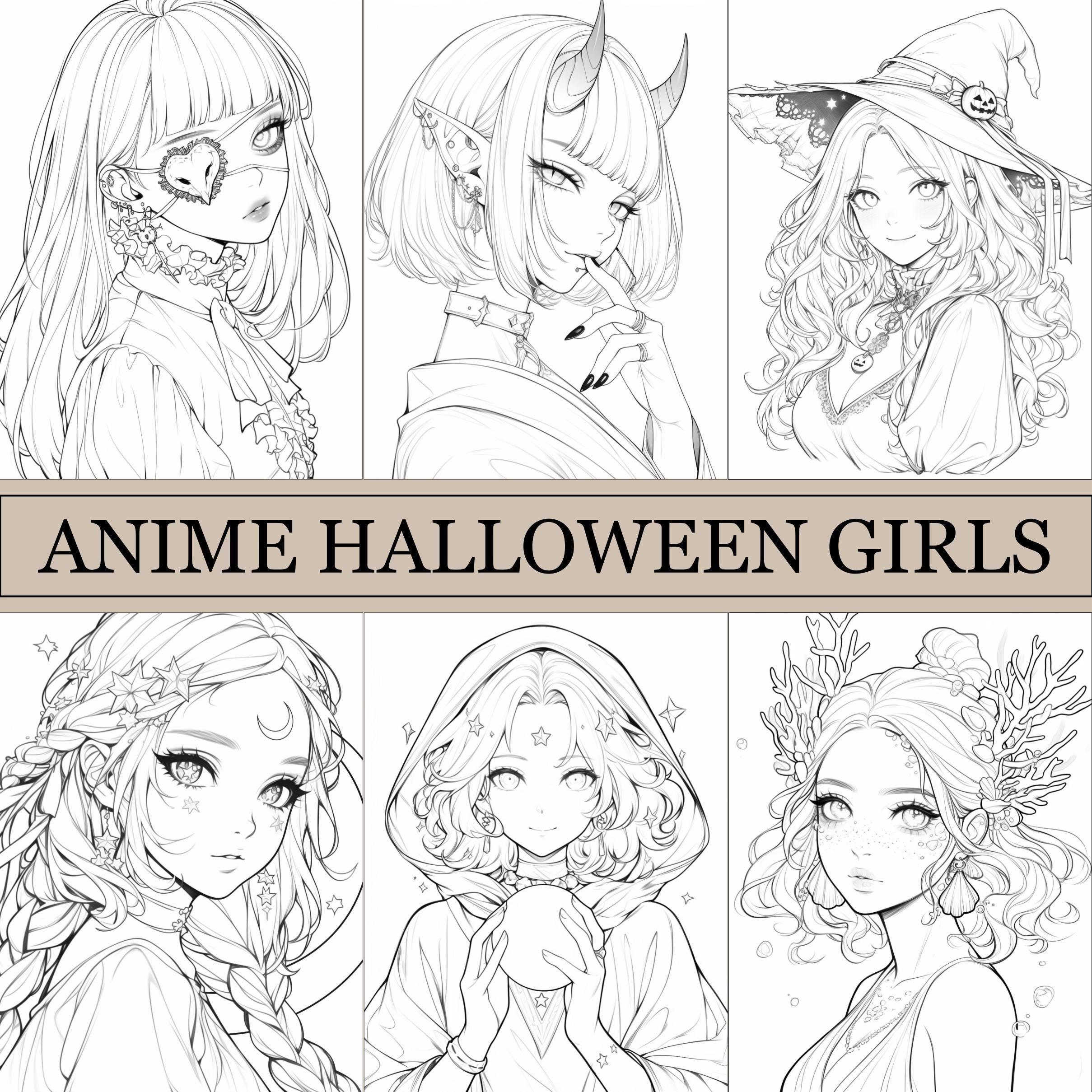 Libro de colorear Anime Halloween Girls PDF – Brujas, vampiros y muñecas fantasma kawaii para adultos y niños