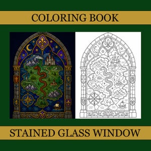 Pode incluir: Um livro de colorir com um design de vitral. A imagem exibe uma versão colorida e uma versão em preto e branco de um mapa de fantasia com um dragão, castelo, navio e bússola, todos emoldurados em uma estrutura de arco gótico.