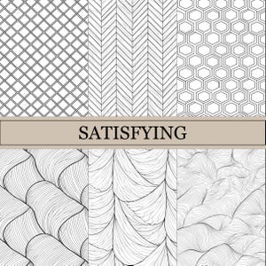 Puede incluir: Un collage de seis patrones geométricos en blanco y negro. Los patrones incluyen una cuadrícula, espiga, panal y tres patrones ondulados diferentes. La palabra "SATISFYING" está escrita en una pancarta en la parte superior de la imagen.