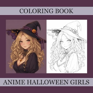 Anime Halloween Girls Coloring Book, Cute Coloring Pages, Anime Cozy Book For Adults and Kids, Digital Download, PDF File