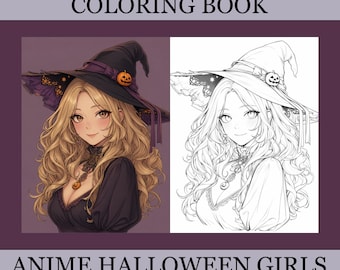 Anime-Halloween-Malbuch für Mädchen, niedliche Ausmalbilder, gemütliches Anime-Malbuch für Erwachsene und Kinder, digitaler Download, PDF-Datei