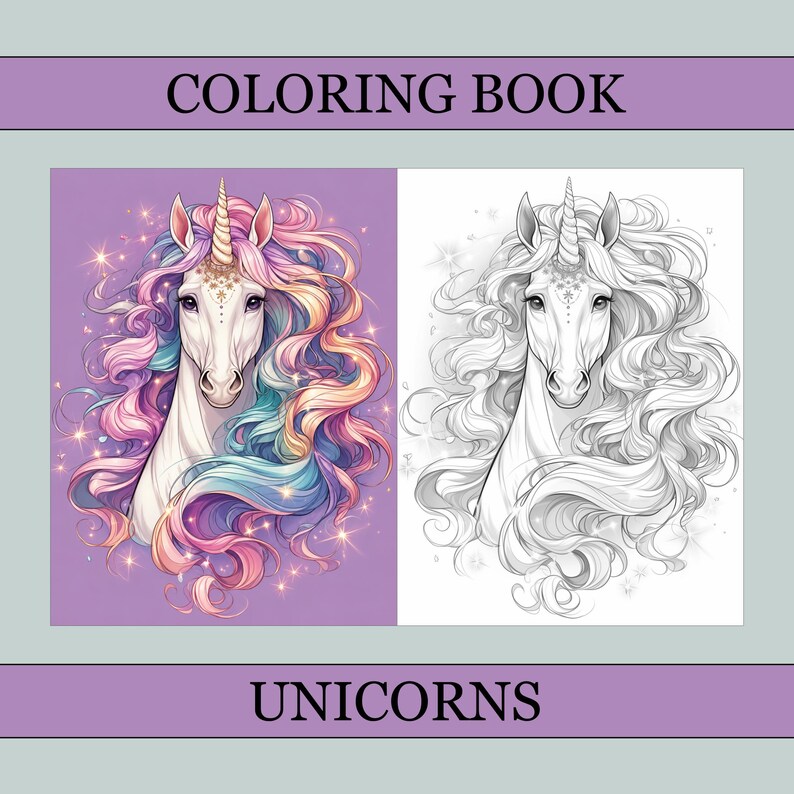 May include: A coloring book titled "COLORING BOOK" featuring two unicorn illustrations. One is a colorful unicorn with a rainbow mane and the other is a black and white version. The word "UNICORNS" is at the bottom.