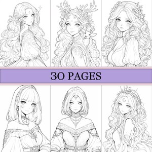 May include: A collection of six black and white illustrations of anime-style women with long flowing hair and detailed clothing. The text "30 PAGES" is displayed on a purple banner across the center of the image.