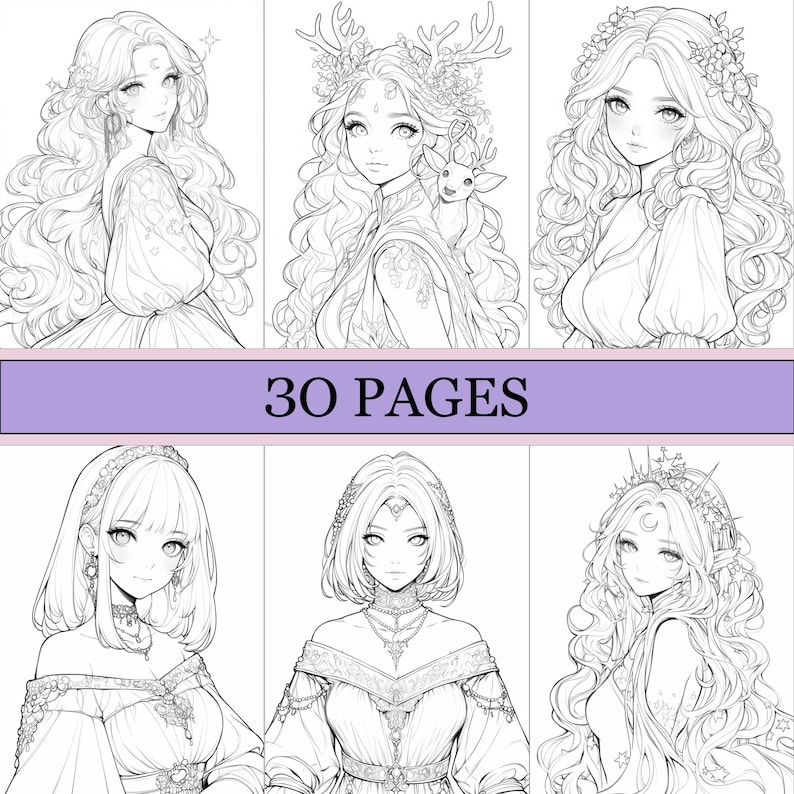 May include: A collection of six black and white illustrations of anime-style women with long flowing hair and detailed clothing. The text "30 PAGES" is displayed on a purple banner across the center of the image.