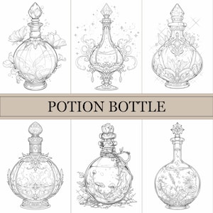 Puede incluir: Seis dibujos en blanco y negro de botellas de poción con varios diseños y adornos. Las botellas están llenas de líquidos que se arremolinan y contienen varios objetos, como flores, cristales y hongos. El título "POTION BOTTLE" está escrito en una fuente decorativa debajo de las imágenes.