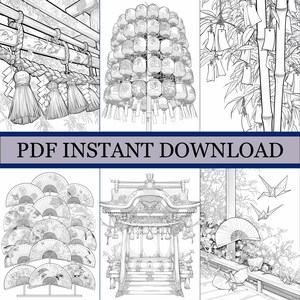 K&ouml;nnte beinhalten: Schwarz-Wei&szlig;-Illustrationen japanischer Kulturelemente. Das Bild zeigt ein Torii-Tor, Papierlaternen, F&auml;cher und Origami-Kraniche. Der Text im Bild lautet "PDF INSTANT DOWNLOAD".