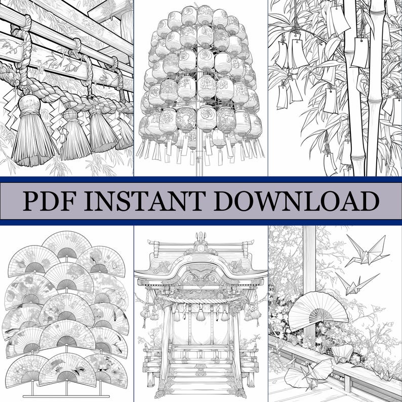 K&ouml;nnte beinhalten: Schwarz-Wei&szlig;-Illustrationen japanischer Kulturelemente. Das Bild zeigt ein Torii-Tor, Papierlaternen, F&auml;cher und Origami-Kraniche. Der Text im Bild lautet "PDF INSTANT DOWNLOAD".