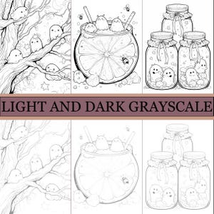 May include: Black and white grayscale illustrations featuring whimsical characters in various scenes. One shows characters in a tree, another in a citrus drink, and others in jars. The text "LIGHT AND DARK GRAYSCALE" is displayed.
