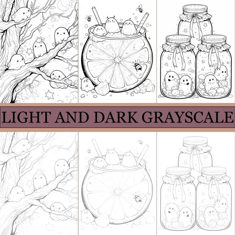 May include: Black and white grayscale illustrations featuring whimsical characters in various scenes. One shows characters in a tree, another in a citrus drink, and others in jars. The text "LIGHT AND DARK GRAYSCALE" is displayed.