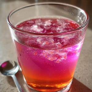 May include: A clear glass filled with a vibrant, layered drink. The drink transitions from a deep orange at the bottom to a bright pink and red at the top, with ice cubes floating in the upper portion. A silver spoon rests beside the glass.