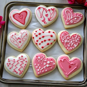 Puede incluir: Una bandeja para hornear llena de nueve galletas con forma de corazón decoradas con glaseado rosa y blanco. Las galletas tienen varios diseños, que incluyen lunares, remolinos y flores.