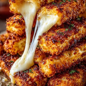 May include: A stack of golden-brown, crispy fried cheese sticks with melted, gooey cheese oozing out. Garnished with fresh green herbs, the cheese sticks are arranged on a plate with parchment paper.