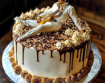 Pode incluir: Um bolo branco decorado com cobertura de chocolate e granulado de chocolate. Uma figura de Elvis Presley segurando um violão está sentada no topo do bolo.