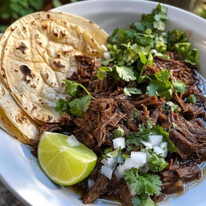 以下が含まれることがあります： メキシコ風シチュー、ビリヤが入った白いボウル。新鮮なコリアンダー、みじん切りの玉ねぎ、ライムのくさび形が添えられています。3枚のトルティーヤが横に重ねられています。シチューは濃厚な濃い色をしており、食材は新鮮で活気に満ちています。