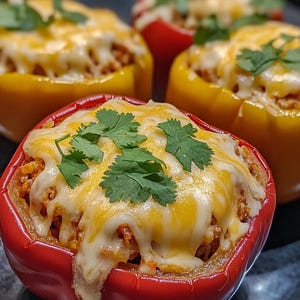 Peut inclure: Trois poivrons farcis d'une garniture au fromage et garnis de coriandre fraîche. Les poivrons sont rouges et jaunes et sont disposés sur une surface noire.