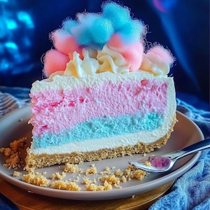 May include: A slice of layered cheesecake with pink, blue, and white frosting. The cheesecake is topped with a cloud of pink and blue cotton candy.