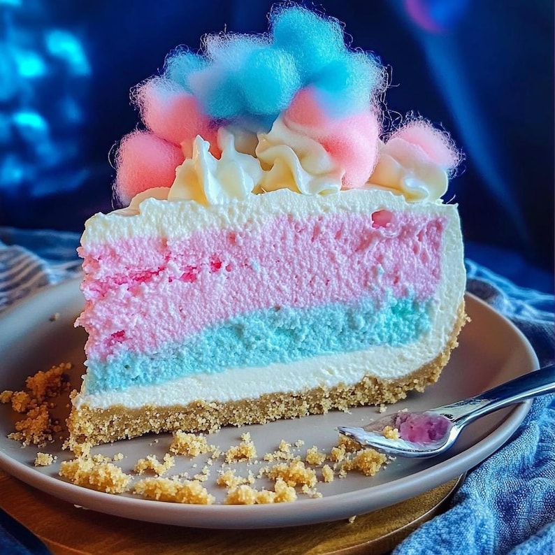 May include: A slice of layered cheesecake with pink, blue, and white frosting. The cheesecake is topped with a cloud of pink and blue cotton candy.