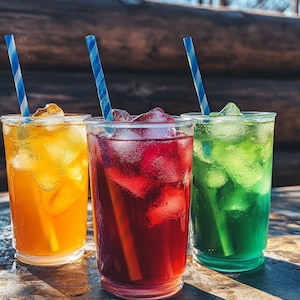 Può includere: Tre bevande colorate in bicchieri trasparenti con ghiaccio e cannucce a righe blu e bianche. Le bevande sono gialle, rosse e verdi e sono su una superficie di legno. L'immagine è scattata con luce naturale.