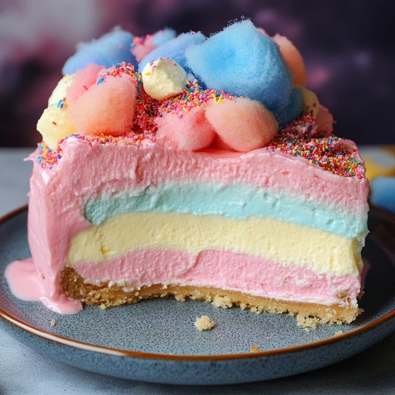 May include: A slice of layered cake with pink, yellow, and blue frosting. The cake is topped with cotton candy and colorful sprinkles.
