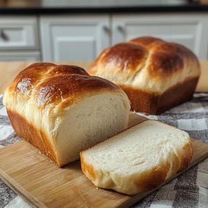 May include: Two loaves of golden-brown, braided bread, one sliced to reveal the soft, white interior. A single slice rests on a wooden cutting board. The bread sits on a checkered cloth, with a blurred kitchen background.