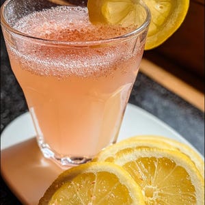 May include: A pink cocktail in a clear glass, garnished with a lemon slice. Several lemon slices are arranged on a white plate. The drink has a bubbly texture and is served in a faceted glass.