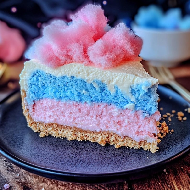 May include: A slice of layered cheesecake with pink, blue, and white frosting topped with pink cotton candy.
