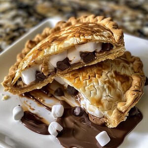 Puede incluir: Dos mitades de una tarta de s'mores en un plato blanco. La corteza de la tarta es dorada y escamosa, rellena de malvaviscos derretidos y chispas de chocolate. Salsa de chocolate y malvaviscos en el plato.